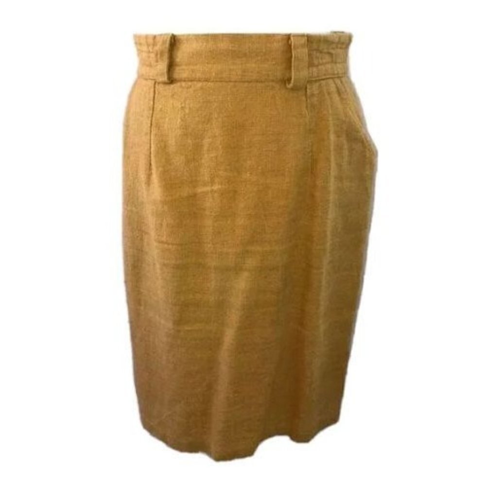 Linen Skirt Womens Vintage Heavier Weight Yellow Back Zip Double Buttons Pockets